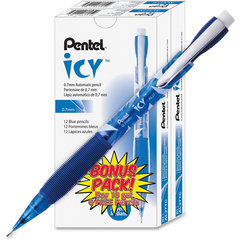 PENAL27TCSWSPR - Icy Mechanical Pencil is an economical, multipurpose pencil with a smooth barrel and Comfort Zone grip for nonstop writing comfort and control. Extra-comfortable, extra-soft ribbed grip is made of latex-free rubber for less writing fatigue. Pencil is preloaded with Pentel Super Hi-Polymer HB lead. Super-strong lead never needs sharpening and produces a dark line. Transparent barrel allows you to monitor lead supply. Automatic pencil also offers a large eraser, convenient metal pocket clip, top click, stationary tip and fixed sleeve. Refill with Pentel's Super Hi-Polymer Lead and PDE-1 large refill eraser.