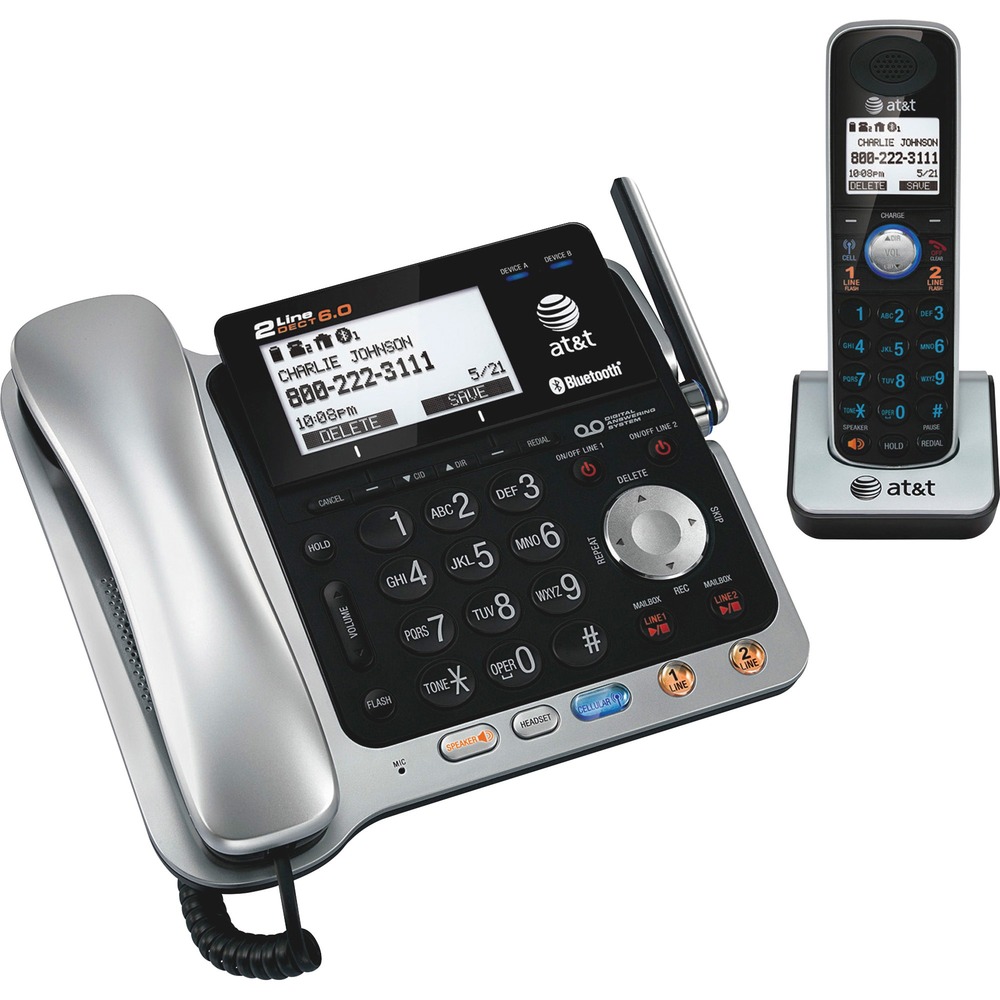 ATTTL86109 - DECT 6.0 two-line telephone system with one cordless handset is Bluetooth capable so you can make and receive your cell phone calls on all handsets. Download up to 6,000 cell phonebook entries to cordless handset for use with your cell phone calls or your landline calls. Pair with up to four Bluetooth cell phones with the base with corded handset and simultaneously connect up to two Bluetooth cell phones to manage calls. DECT 6.0 technology delivers up to 45 percent more range over 2.4 GHz and 5.8 GHz phone systems without needing a boost in power. Telephone system also offers Caller ID/Call Waiting with a 200-name/number history, 14-minute digital answering machine, dial-in-base speakerphone, handset speakerphone, equalizer for customized audio, call transfer using the intercom, call screening/intercept, message retrieval from handsets, and remote access. Expand up to 12 handsets on a single phone jack. Setup menu is in English, Spanish and French. Energy Star qualified.