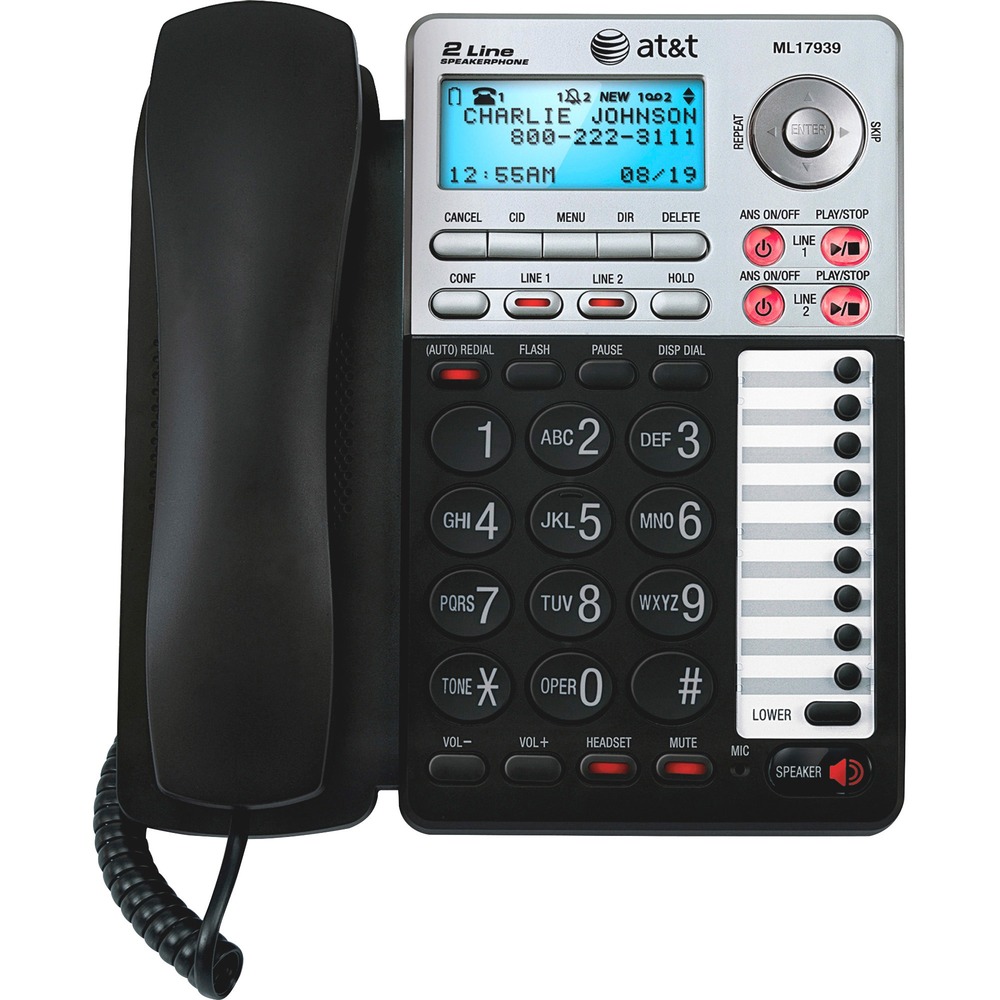 ATTML17939 - This two-line speakerphone is perfect for small businesses that need two-line support and a variety of features. Fully integrated, digital answering machine records up to 12 minutes of incoming messages, outgoing announcements and memos. Caller ID/Call Waiting allows you to view the name, number, time and date of incoming calls at a glance, even those on call waiting. ClearSpeak dial-in-base speakerphone lets you talk and listen without holding the handset to leave your hands free to do other things and allow more people in on the conversation. 100 name/number phonebook lets you quickly store and dial frequently called numbers. With three-party conferencing, you can have a three-way conversation between you and two other parties. Two-line phone also features auto line selection, line power mode, selectable ringer tones, chain dialing, ringer volume control, hearing aid compatibility and more.