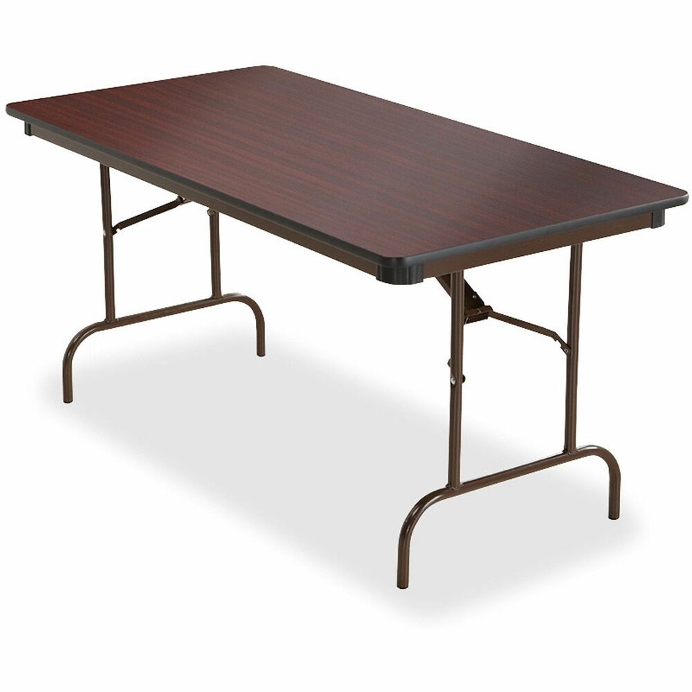 ICE55214 - Durable folding table is easy to transport, set up and store. The wear-resistant, rectangular top features a sealed underside to prevent moisture absorption. The 3/4" thick, melamine top also offers a mahogany laminate to match your stylish decor. Full-perimeter, steel skirt support with plastic corners protects the surface when stacking. 1" diameter, heavy-gauge steel legs feature heavy-duty, protective foot caps and gravity lock for stability. Multipurpose folding table also features a black vinyl, T-mold edge. Weight capacity is 1,000 lb.
