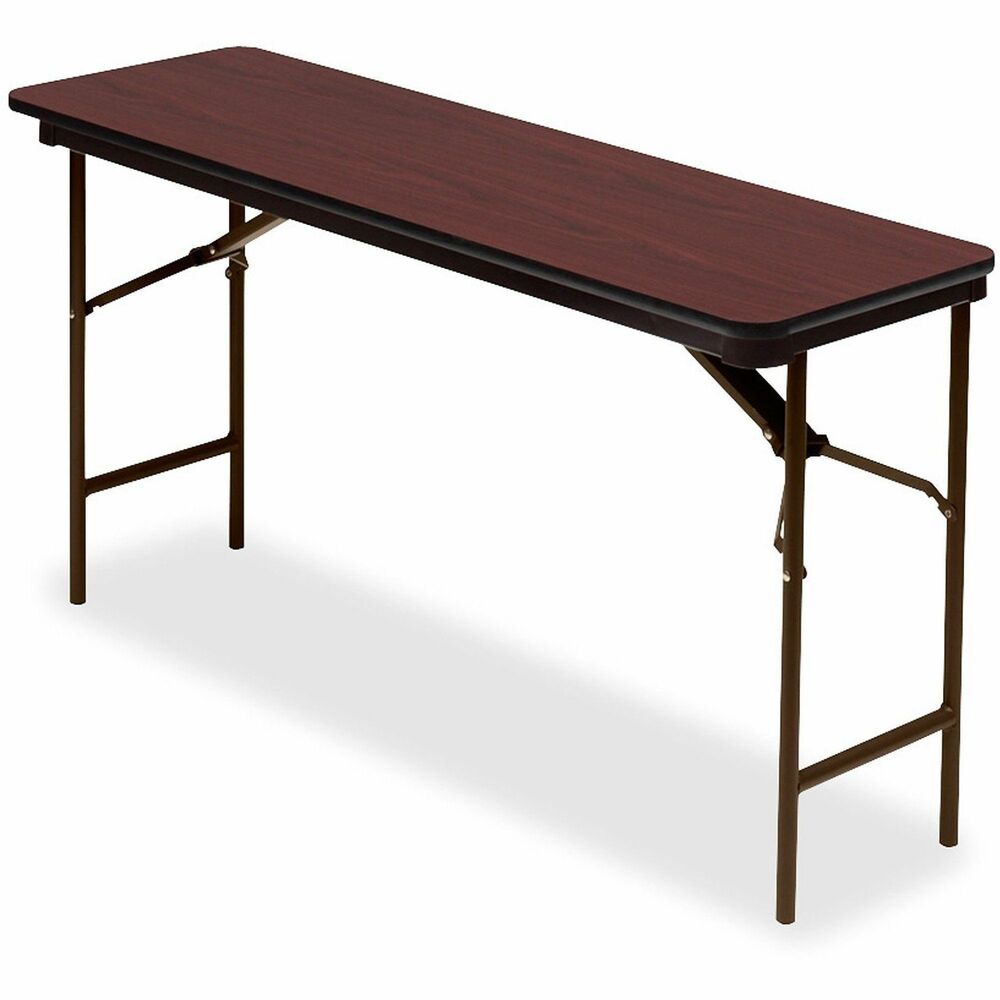 ICE55274 - Durable folding table is easy to transport, set up and store. The wear-resistant, rectangular top features a sealed underside to prevent moisture absorption. The 3/4" thick, melamine top also offers a mahogany laminate to match your stylish decor. Full-perimeter, steel skirt support with plastic corners protects the surface when stacking. 1" diameter, heavy-gauge steel legs feature heavy-duty, protective foot caps and gravity lock for stability. Multipurpose folding table also features a black vinyl, T-mold edge. Weight capacity is 500 lb. evenly distributed.