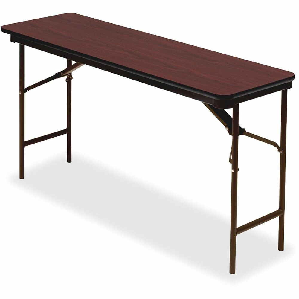 ICE55284 - Durable folding table is easy to transport, set up and store. The wear-resistant, rectangular top features a sealed underside to prevent moisture absorption. The 3/4" thick, melamine top also offers a mahogany laminate to match your stylish decor. Full-perimeter, steel skirt support with plastic corners protects the surface when stacking. 1" diameter, heavy-gauge steel legs feature heavy-duty, protective foot caps and gravity lock for stability. Weight capacity is 500 lb. evenly distributed.