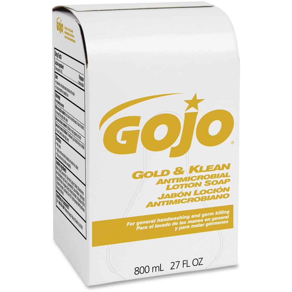 GOJ912712 - Gold and Klean Antimicrobial Lotion Soap is designed for use in GOJO 800 ml. Bag-in-box Dispensers for general handwashing and germ-killing. Formula is effective against gram-negative and gram-positive bacteria. No-clog, no-leak valve on this disposable refill cartridge means maintenance-free dispensing system. Sanitary Sealed refill helps lock out germs.