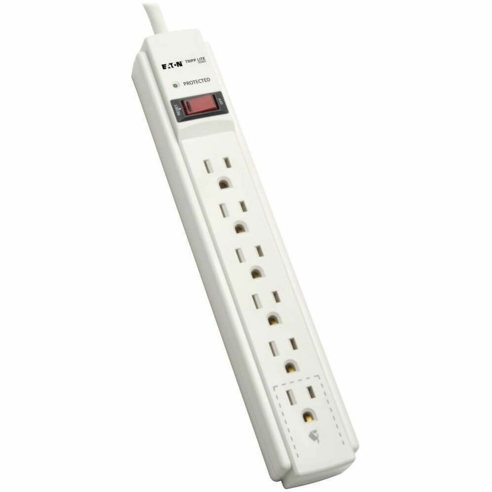 TRPTLP606 - Perfect for your home or office workstation, the TLP606 Protect It! 6-Outlet Surge Protector features a surge protection rating of 900 joules to defend your sensitive electronic components against strong surges and spikes.Because residential power outlets have three wires-hot line (H), neutral (N) and ground (G)-the TLP606 protects all three, covering the two protection modes: full normal mode (H-N) and common mode (N-G/H-G). It also filters out electromagnetic interference (EMI) and radio frequency interference (RFI) that can disrupt your electronics and inflict hardware damage or data loss.Your devices plug into six NEMA 5-15R outlets, one of which is placed at the end to accept a bulky transformer without blocking adjacent outlets. An integrated 15A circuit breaker protects all outlets and shuts down connected equipment in case of overload. The lighted on/off switch provides one-touch control over connected equipment. A diagnostic LED confirms your connected equipment is protected.The six-foot (1.8-meter) AC power cord with NEMA 5-15P plug reaches nearby outlets to fit easily into your workstation or home theater setup. Keyhole slots incorporated into the bottom panel provide convenient wall or desk mounting options for the light gray plastic housing. More from the Manufacturer
