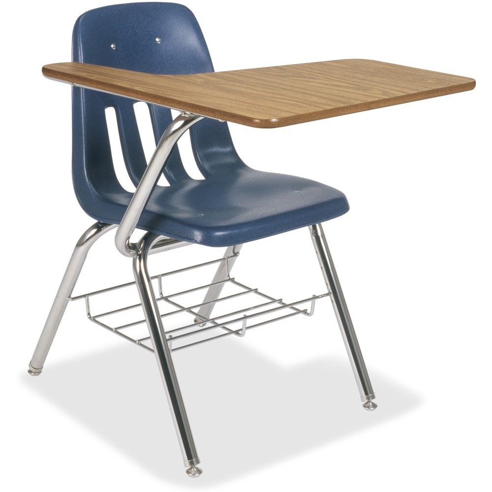 VIR9700BRC5184 - 9000 Series Desk Chair Combo creates the ultimate classroom seating experience with an attached desk and chair combination. Chair is constructed with durable, long-lasting, injection-molded polyethylene. High-pressure laminate provides a smooth writing surface. L-shape desk creates an open space and a side armrest for comfortable sitting. Tubular steel frame and one-piece, molded shell enhance stability to use year after year. Included bookrack provides convenient storage space to minimize desk clutter. Classic, medium oak laminate combines a traditional surface with a modern appearance for a unique look.