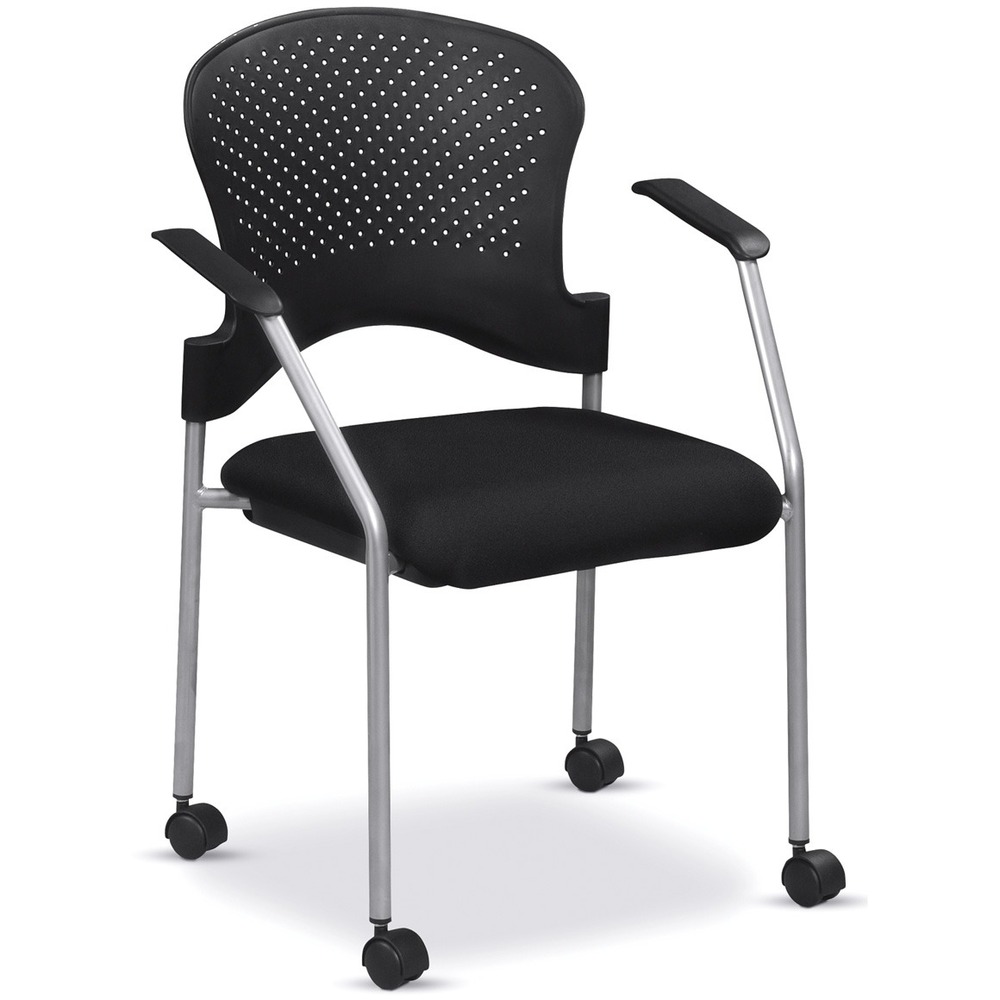 EUTFS8270 - Breeze Side Chair features a contemporary design, adding a modern touch to training rooms, boardrooms and more. Contoured back supports better posture for comfortable sitting during long periods. Fabric-upholstered, cushioned seat covers are made with soft-to-the-touch fabric, providing enhanced comfort. Armrests allow you to sit in a relaxed position. Powder-coated, steel tubing creates sturdy support and protects legs from chipping. Perforated back allows air to flow freely to help you stay cool. Included casters provide easy mobility.