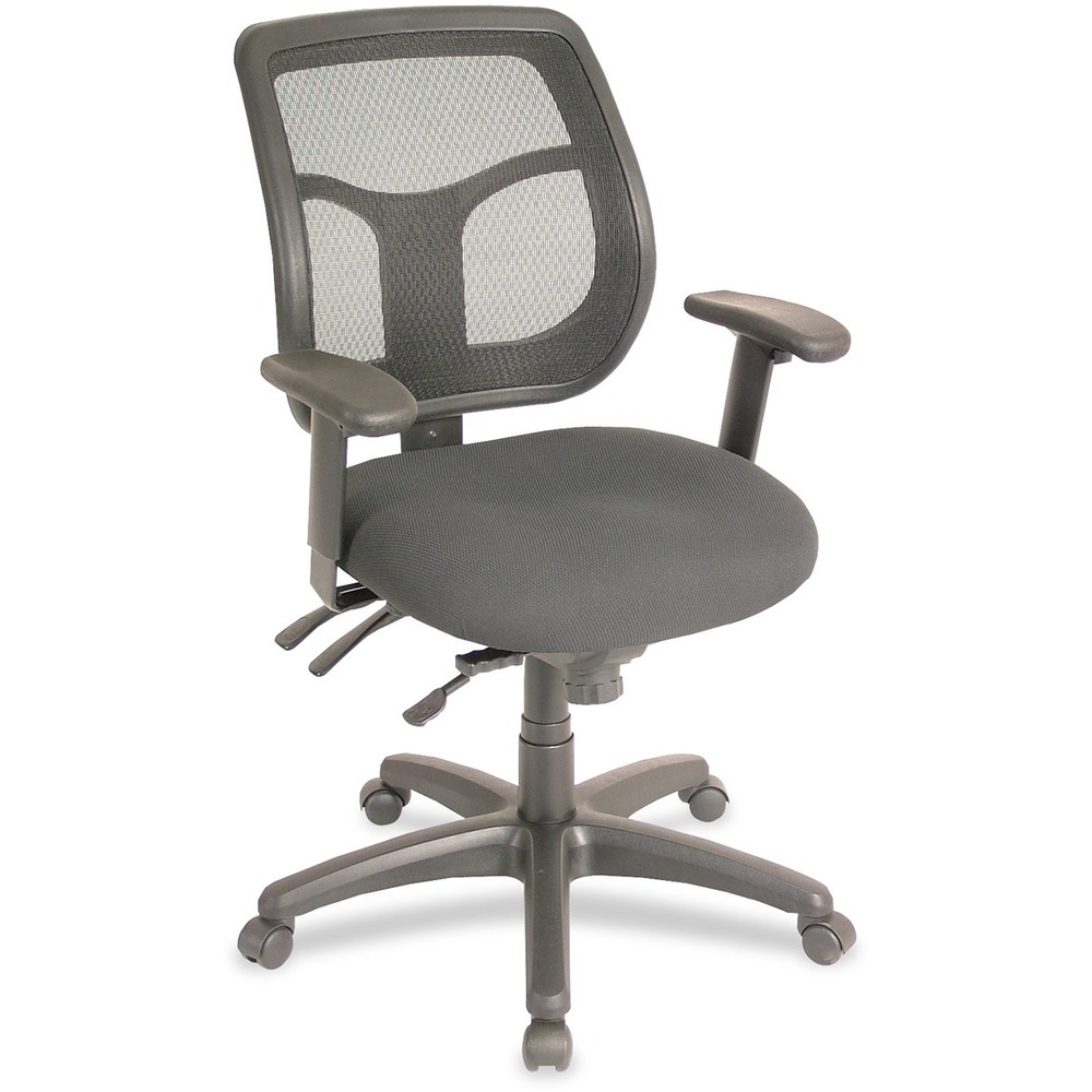 EUTMFT9450 - Apollo Multifunction Task Chair features a ratchet back that moves up or down relative to the seat for lumbar support and comfort. Mesh back provides enhances airflow for breathability. Set back at an angle for personalized comfort in reclined position. Seat-height adjustment lets you position the seat height relative to the floor. Chair rocks back and forth with adjustable, center-tilt mechanism. Fabric-upholstered, padded waterfall seat with sloping front reduces pressure on the back of the knees. Tilt-tension control with tilt lock allows you to adjust the recline rate based on your weight. Seat tilts forward to change the angle for a comfortable position when you're using a keyboard. Arm-height adjustment adjusts arm up or down while arm pads angle in or out. Nylon, five-star base features casters for easy mobility. Chair is Greenguard certified to have low chemical emissions.