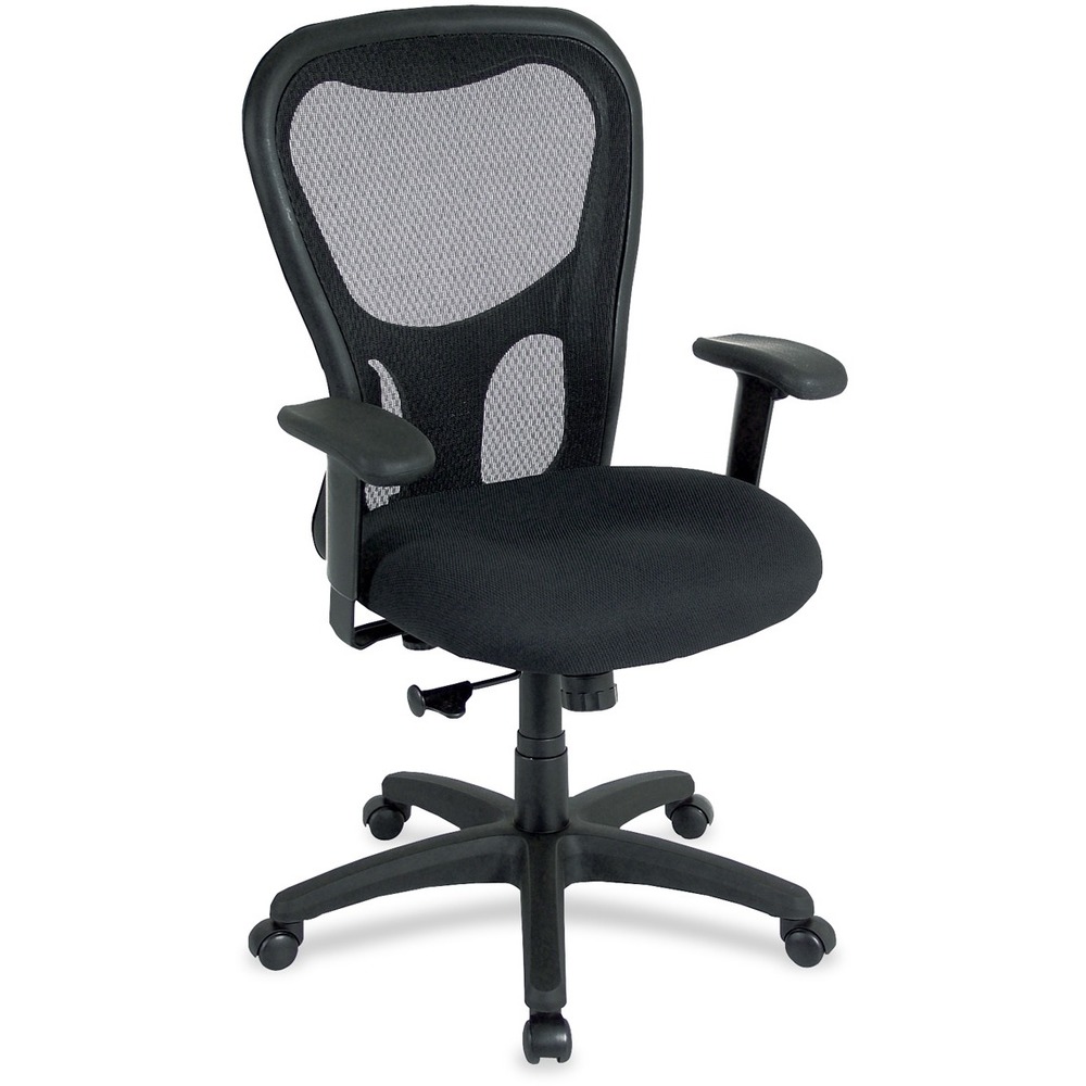 EUTMM9500 - Apollo Synchro High Back Chair combines comfort, adjustability and quality for seating well-suited for long hours at the office. Breathable, black mesh back conforms to your back for the right amount of support. Fabric-upholstered, cushioned seat is comfortably contoured. Padded waterfall seat with sloping front reduces pressure on the back of the knees. Tilt-tension control recline rate adapts to weight of user. Tilt lock locks out tilt function. Synchro-tilt back reclines in a preset ratio to seat. Seat-height adjustment sets seat height from 18.9" to 22.4" for your preferred position relative to floor. Width-adjustable arms adjust arms in or out for proper ergonomic positioning. Arm-height adjustment adjusts arm up or down for proper ergonomic positioning while seated. Chair also features casters on the black nylon, five-star base for easy mobility. Chair is Greenguard certified to have low chemical emissions.