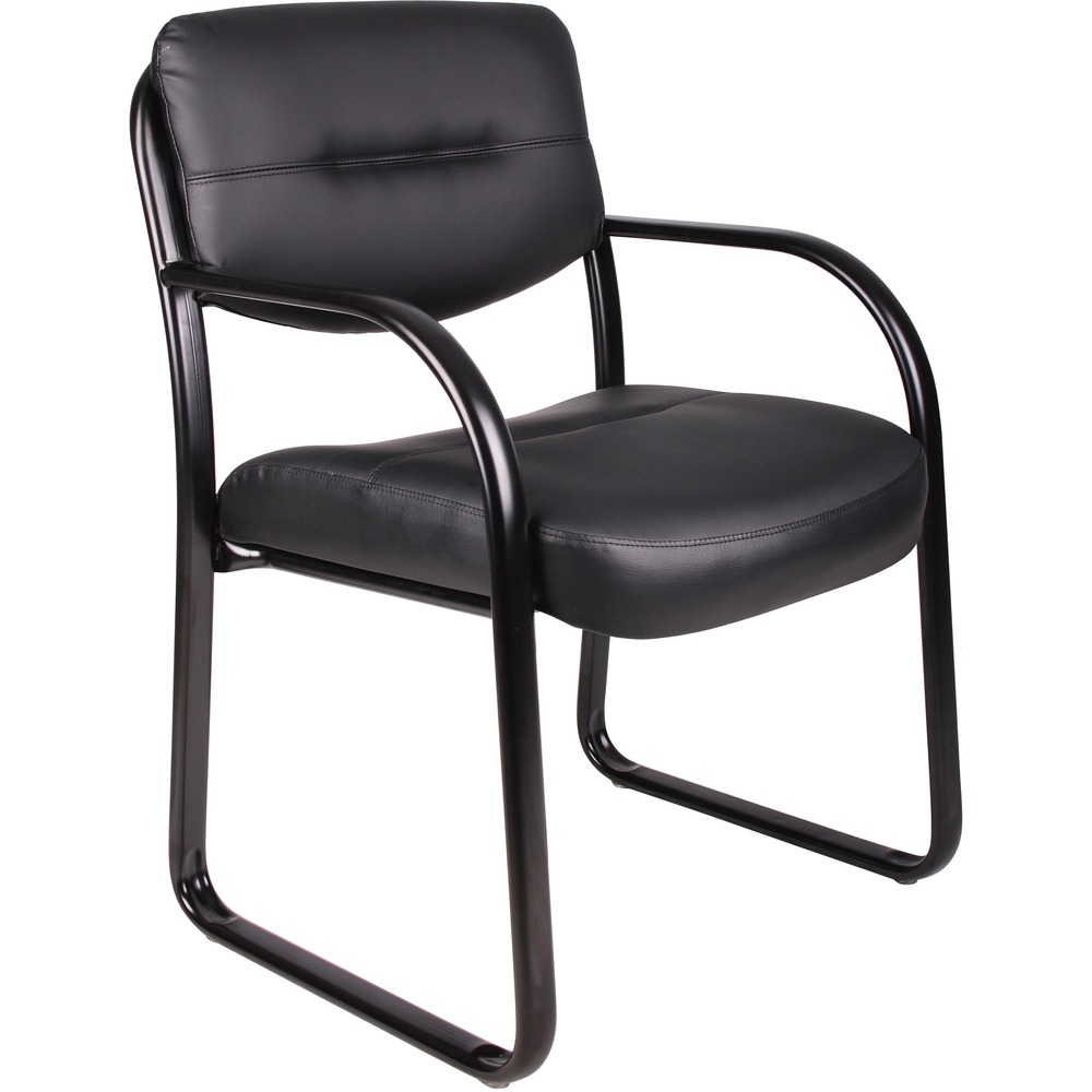 BOPVSBO9529 - This eye-catching, Guest Chair is made with LeatherPlus, a combination of leather and polyurethane, for a comfortable and durable sitting experience. Strong, black, sled base combines a reliable, sturdy frame with an attractive, modern style. Chair sits at a fixed height with fixed arms and is a perfect addition to any room or office. Curved arms easily clear the front edges when the chair is pulled close to a table. Thick, contoured seat provides firm lumbar support. Maximum weight capacity is 275 lb. Chair is Mas Green certified to reduce chemical emissions indoors.