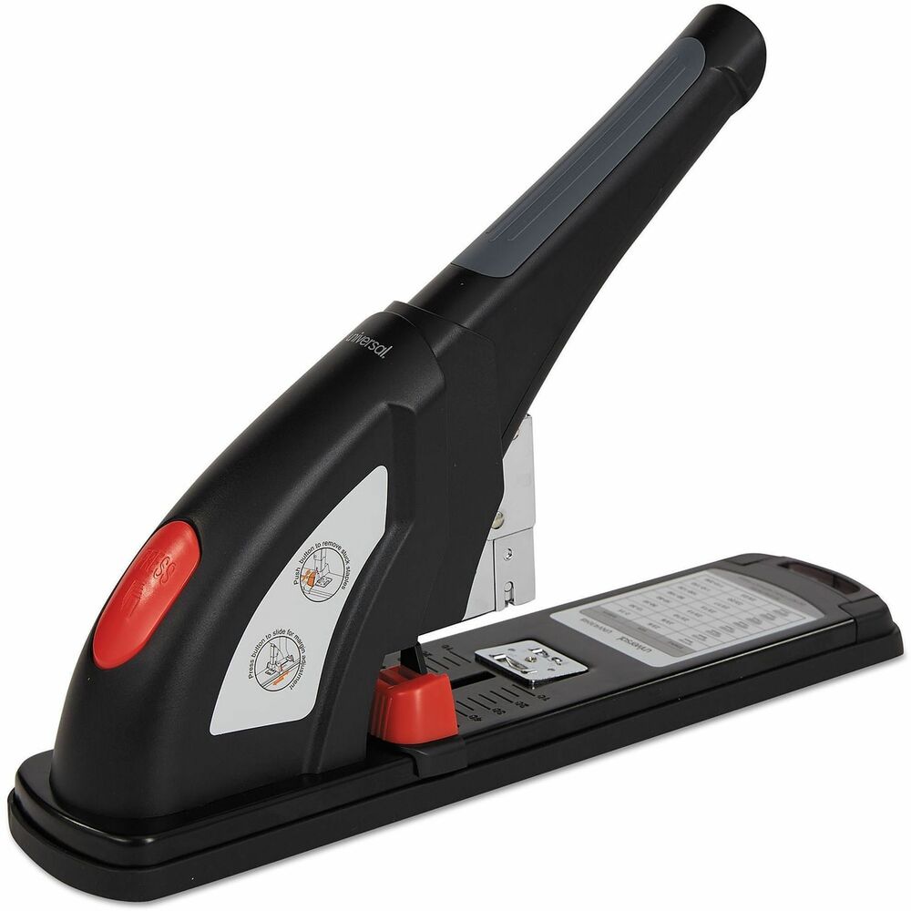 UNV43048 - The powerhouse of this stapler drives through up to 200 sheets of paper with one single staple. Features extra throat depth and adjustable paper stopper for precision stapling. Designed with a nonskid base and grip handle that offer secure and comfortable operation. Makes for easy, front access staple re-loading.