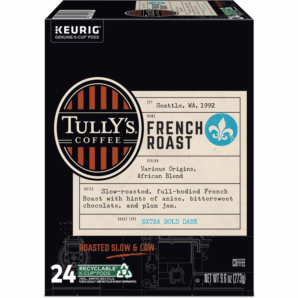 GMT192619 - We keep it slow and low at Tully's Coffee. An uncommonly delicious coffee forged in the fires of an unconventional process. Tully's Coffee gets its distinctive aroma and rich, full flavor from our signature low and slow roasted process that imbues that taste of true craftsmanship into every sip. Take roasting marshmallows, for example. Some people will shove theirs directly into an open fire, immediately creating a charred ball of flame. That's one approach, but it's not ours. We'd rather turn our marshmallow slowly over a low ember until it's evenly browned and caramelized throughout. The same can be said of coffee. Tully's distinctive coffees are created slowly, over a slightly lower temperature than other roasters use. Our slow roast approach allows us to focus on the sights, smells, and sounds that indicate we've captured just the right flavors at just the right moment. Traditionally inspired. Uniquely crafted. Powerful and intense, this full-bodied French Roast is expertly slow-roasted to elicit the rich flavors of bittersweet chocolate and anise, with light notes of plum jam. An uncommonly delicious coffee forged in the fires of an unconventional process, Tully's Coffee gets its distinctive aroma and rich, full flavor from our signature low-and-slow roasting process that imbues that taste of true craftsmanship into every sip. Single-serve Tully's Coffee K-Cup pods are compatible with all K-Cup pods single-serve coffee makers. Certified Orthodox Union Kosher.