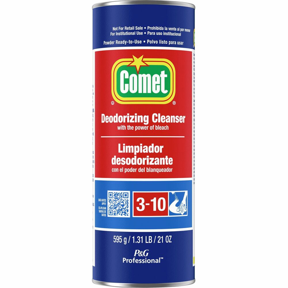 PGC32987 - Powder cleanser bleaches tough stains and deodorizes as it cleans. Comet's abrasive powder cleanser with chlorine bleach is great for scouring tough stains on toilet bowls, wall tiles, tubs, sinks, chrome, stainless steel, stovetops and ranges, pots and pans. Its gentle abrasives can be used on fiberglass tubs and showers, imitation marble and similar, hard plastic surfaces.
