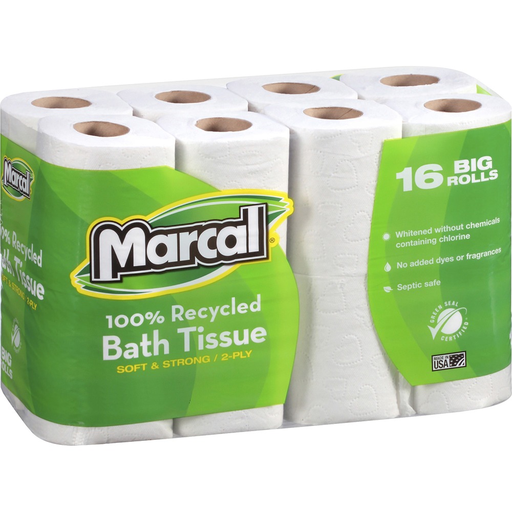 MRC16466 - Recycled, Green Seal certified bathroom tissue comes in big rolls for longer-lasting use. It is soft, strong and absorbent. It is also is septic-safe and virtually lint-free. Hypoallergenic tissue is whitened without chemicals containing chlorine bleach and has no added dyes or fragrances. Each roll includes 168 two-ply sheets. Bathroom tissue is made with a high percentage of recycled material.