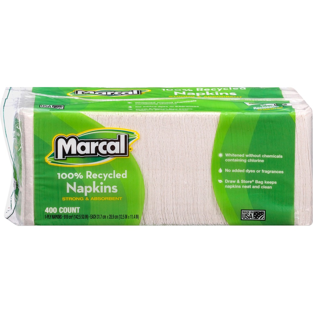 MRC6506 - Recycled luncheon napkins are conveniently packaged in a Draw and Store reclosable bag for easy, sanitary storage. They are whitened without chemicals containing chlorine bleach. The hypoallergenic napkins have no added dyes or fragrances. They are strong and absorbent. Napkins contain a high percentage of recycled material.