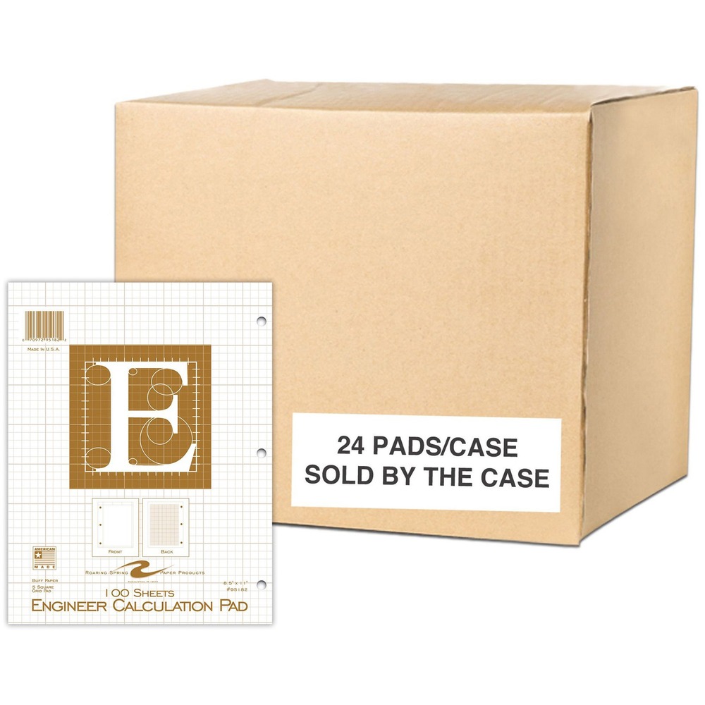 ROA95182 - Engineer calculation pad features smooth, buff-shade paper to help you write cleanly and legibly. 16 lb. paper is plain except for the printed outline box on top of the sheet. 5 square per inch grid layout is printed on back of sheet that shows through to the front as a dimensional guide for drawings and layouts. 34 point chipboard backs add stability to your writing. Pad is glued along the top edge and three-hole punched to fit in standard, three-ring binders (sold separately). 100-sheet, letter-size pad is perfect for engineering classes and labs.