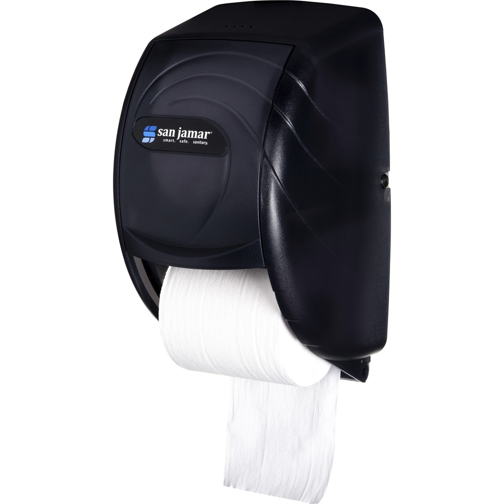 SJMR3590TBK - Duett Standard Bath Tissue Dispenser eliminates waste by protecting a visible fresh roll until the first roll is completely used. Compact design makes it easy to fit in any size washroom. Made of high-impact plastic with an Oceans style, this tissue dispenser accommodates two standard bath tissue rolls with a minimum core diameter of 1-5/8" (40mm) and a roll size of 4-1/2" to 5-1/2" (114 to 140mm).