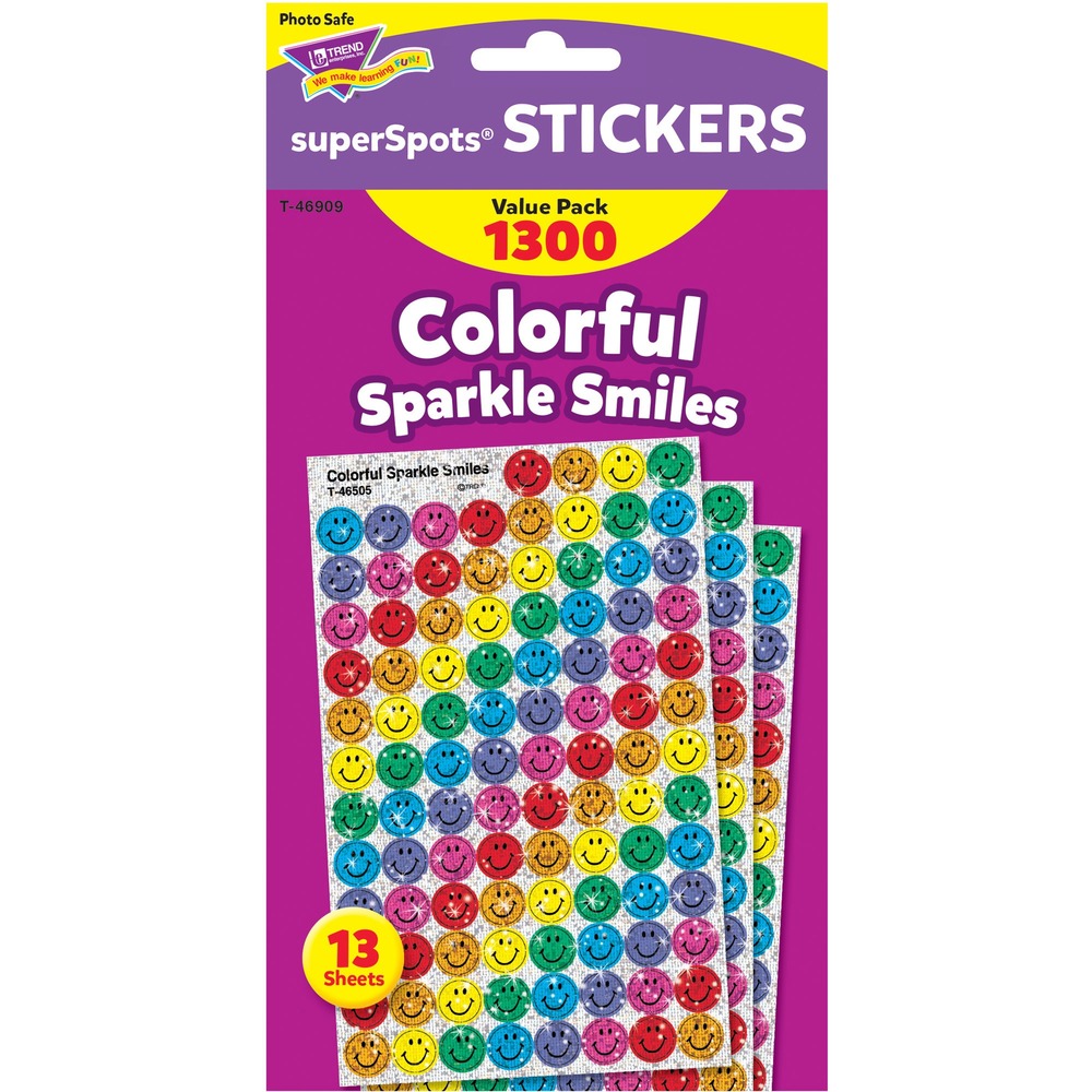 TEPT46909 - Variety pack of superSpots Stickers offers a fun, colorful way to reward students. Little, self-adhesive circles are just the right size for Trend's Incentive Pads. Child-pleasing, appealing design includes smiling faces and other cheerful shapes. Each sticker is acid-free, nontoxic, and safe for use on photos. Colorful Sparkle Smiles Stickers are designed for students in first through fifth-grade and ages 6 to 11.