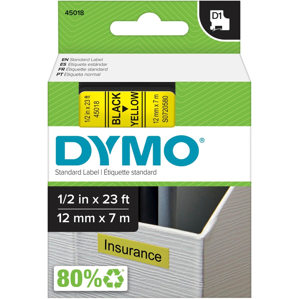 DYM45018 - Durable, polyester-coated D1 tape is both water-resistant and sunlight-resistant and endures temperatures from zero to 194 degrees Fahrenheit. Patented D1 tape cartridge contains easy-peel, split-back tape. Special backing is split down the middle to make separation of tape backing a snap for fast and easy label application. Tape is designed for use with Dymo 1000, 2000, 3500, 4500, 5500, LM100 Plus, LM120P, LM150, LM155, LM160, LM200, LM210D, LM220P, LM260P, LM350, LM360D, LM400, LM420P, LM450D, LM500TS, LMPCII, LMPnP, LP100, LP150, LP200, LP250, LP300, LP350, and LabelWriter Duo. More from the Manufacturer