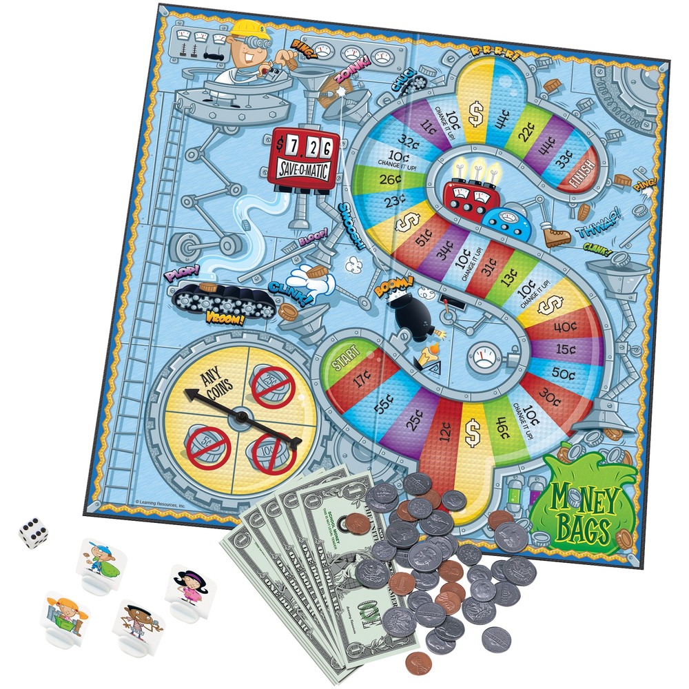 LRNLER5057 - Have your students develop valuable money skills as they collect, count and exchange money while playing through this coin value game. Easy-to-play format provides a simple way for students to learn all about making values using various coins and bills. The player who earns the most money at the end wins the game. Money bags game includes a game board with built-in spinner, 100 plastic coins, play bills, markers and die. Game requires two to four players and is designed for children ages 7 and above.