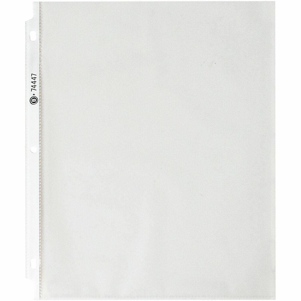 BSN74447 - Durable, top-loading sheet protectors hold letter-size inserts without punching. Printed materials do not stick or lift off this specially formulated polypropylene material. Design features a reinforced strip at binding edge and three-hole punched sides. Die-cut corners on ring side allow economy-weight pages to turn freely. Oversized ring binders and indexes are sold separately.