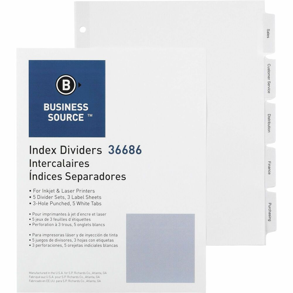 BSN36686 - Customize tab titles and create professional dividers using these index dividers and laser printers. Standard software programs provide label layouts for quicker and easier formatting. The labels virtually disappear when applied to tabs on the side of dividers. Dividers are three-hole punched with Mylar reinforcement around the 9/32" holes for use in standard binders. Dividers include easy-to-follow instructions.