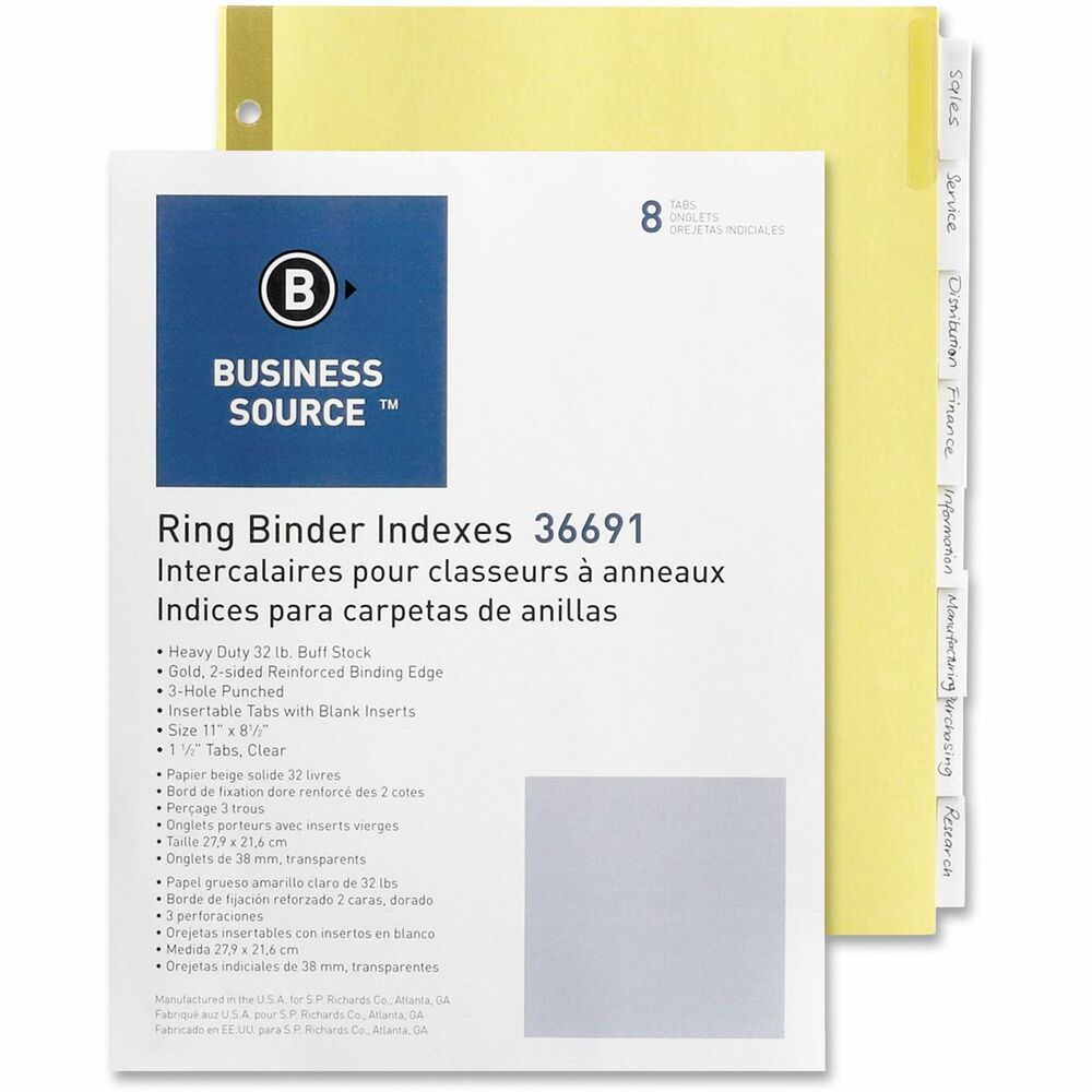 BSN36691 - Insertable tab indexes are reinforced on both sides at the binding edge. The 9/32" holes have gold-colored, Mylar-reinforcement to prevent tear-out. Eight-tab indexes include blank white inserts and are compatible with laser and inkjet printers.