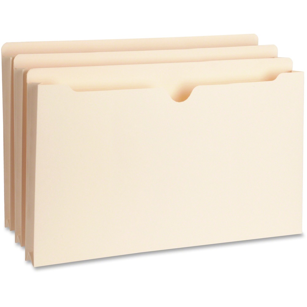 BSN65801 - File pocket features full-height side gussets to keep materials from slipping out. Great for carrying files out of the office. Select reinforced tabs are designed for frequent use. Thumb-cut provides easy access. Top corners are rounded. Heavyweight, one-piece construction has two-ply straight-cut top that is 1/2" high. File pocket is made of 11 point stock.
