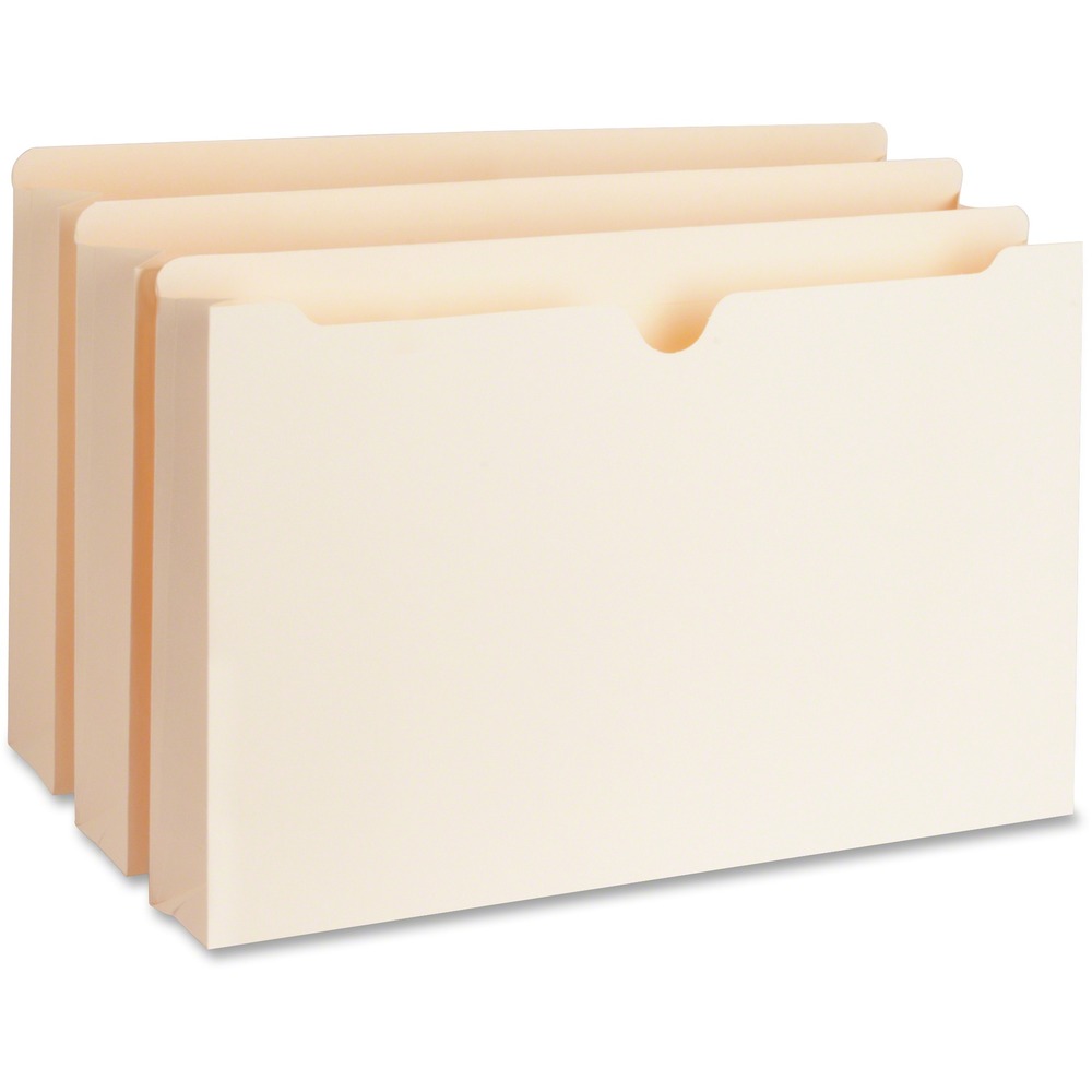 BSN65803 - File pocket features full-height side gussets to keep materials from slipping out. Great for carrying files out of the office. Select reinforced tabs are designed for frequent use. Thumb-cut provides easy access. Top corners are rounded. Heavyweight, one-piece construction has two-ply straight-cut top that is 1/2" high. File pocket is made of 11 point stock.
