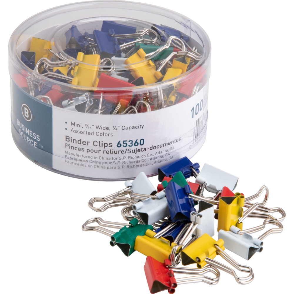 BSN65360 - Colored fold-back binder clips deliver a powerful grip to hold large stacks of papers in place. Nickel-plated wire arms fold fast in front and back positions. Clips are made of rust-resistant steel and come in a soft plastic tub. Assorted colors include green, red, blue, white and mustard.
