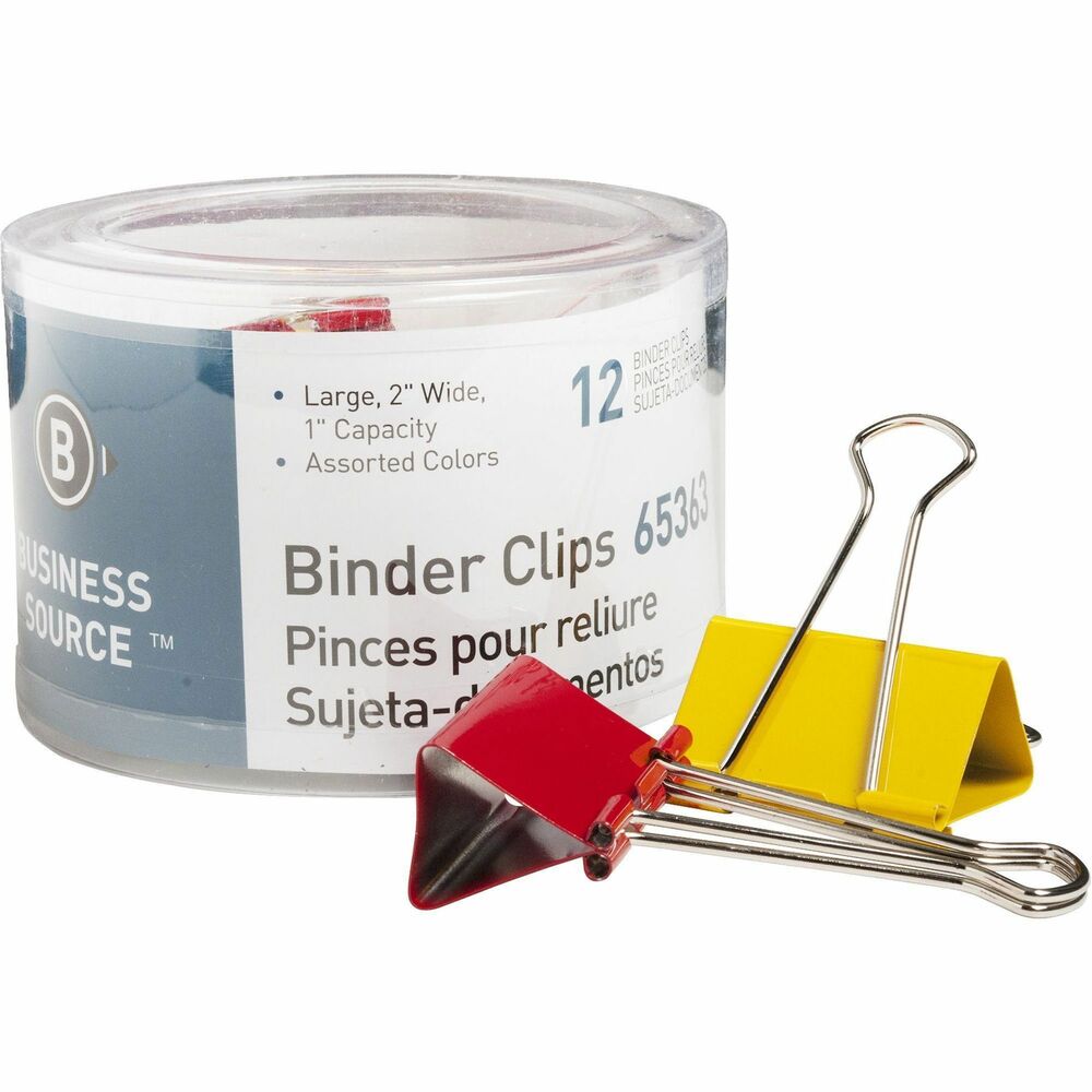 BSN65363 - Colored fold-back binder clips deliver a powerful grip to hold large stacks of papers in place. Nickel-plated wire arms fold fast in front and back positions. Clips are made of rust-resistant steel and come in a soft plastic tub. Assorted colors include green, red, blue, white and mustard.