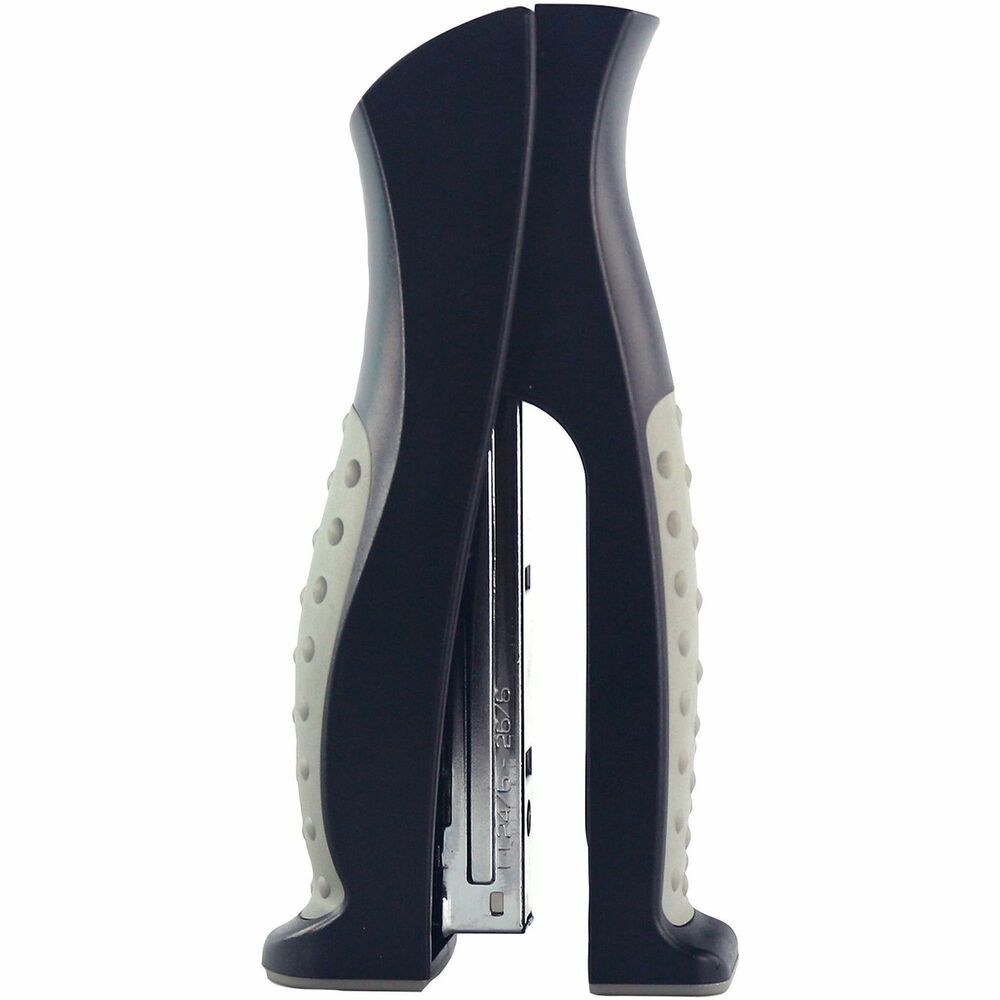 BSN65646 - Stapler offers ergonomic stand-up design that takes up less desk space than conventional desktop staplers. Rotating anvil allows stapling and pinning. Design also features comfort hand grips and all-metal working parts. Stapler fastens up to 20 sheets of 20 lb. paper using standard staples. Staple capacity is 210 staples.