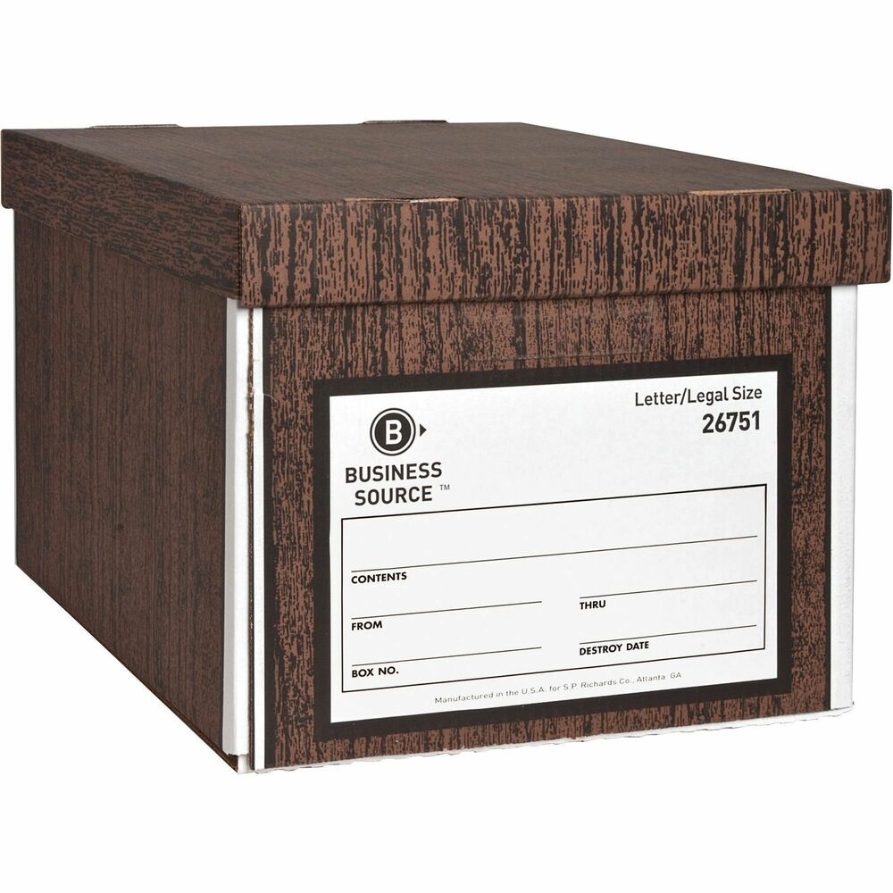 BSN26751 - Medium-duty storage boxes feature a woodgrain exterior and liftoff lid for easy access to letter-size or legal-size files. Use hand holes to move and carry. Boxes are made of sturdy corrugated cardboard and have a 650 lb. stacking strength. Each box contains a high percentage of recycled material.