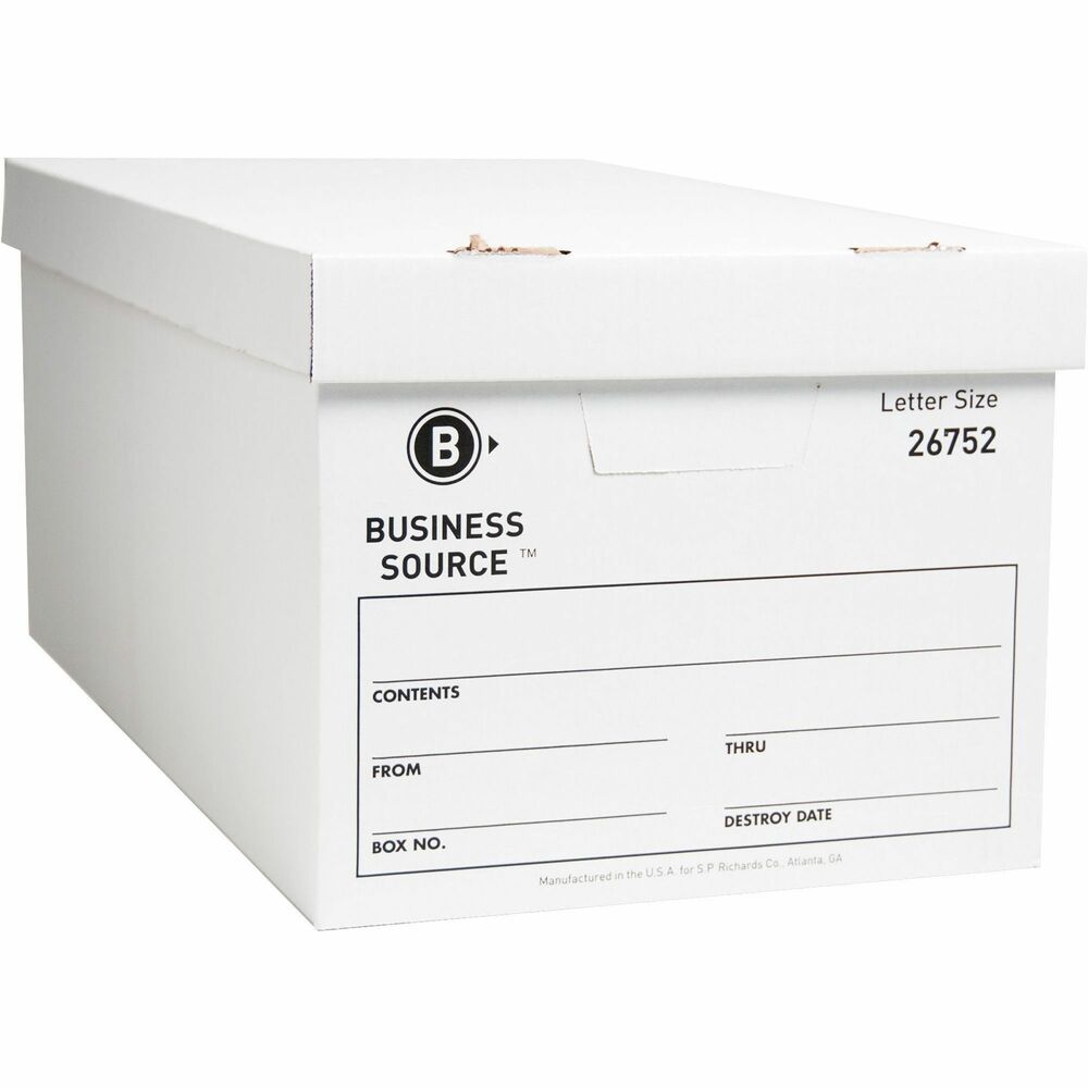 BSN26752 - Light-duty storage boxes offer liftoff lids for easy access. Ideal for storing and transporting letter-size files. Stacking strength is 500 lb. Each box is made of one-ply B-flute corrugated cardboard with 1/8" thickness. Each box contains a high percentage of recycled material.
