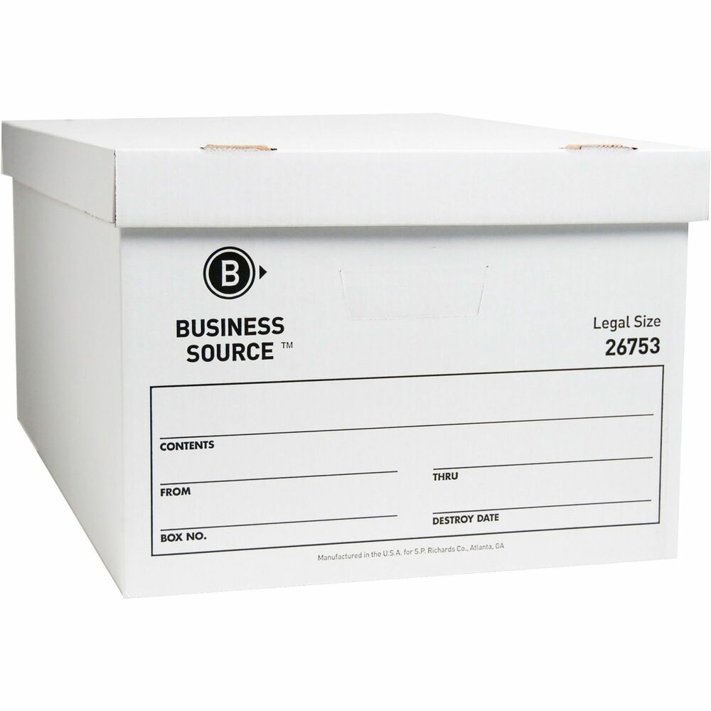 BSN26753 - Light-duty storage boxes offer liftoff lids for easy access. Ideal for storing and transporting legal-size files. Stacking strength is 500 lb. Each box is made of one-ply B-flute corrugated cardboard with 1/8" thickness. Each box contains a high percentage of recycled material.