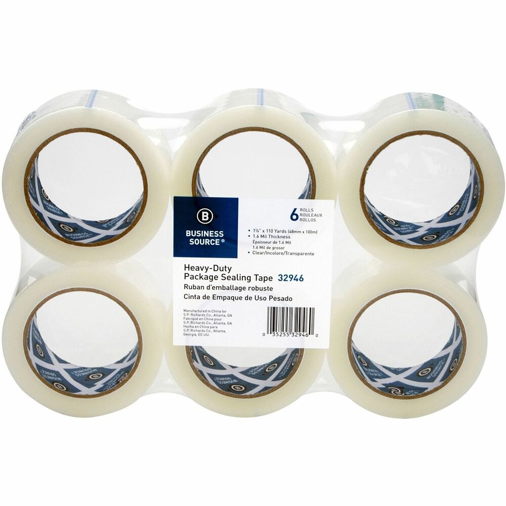 Business Source Heavy-duty Packaging/Sealing Tape - 110 yd Length x 1.88" Width - 3" Core - Clear - 1.60 mil - Breakage Resistance - For Bonding, Packing - 6 / Pack