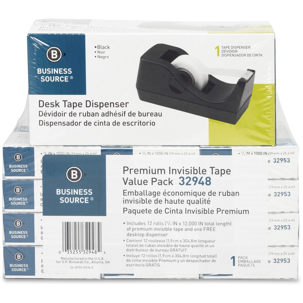 BSN32948 - Value pack includes 12 rolls of tape and a desktop dispenser. Premium invisible tape is ideal for mending, splicing and holding. Tape accepts writing of ink, pencil and marker. 1" core design fits in most desk dispensers. Tape is practically invisible on most surfaces. Tape is photo-safe.