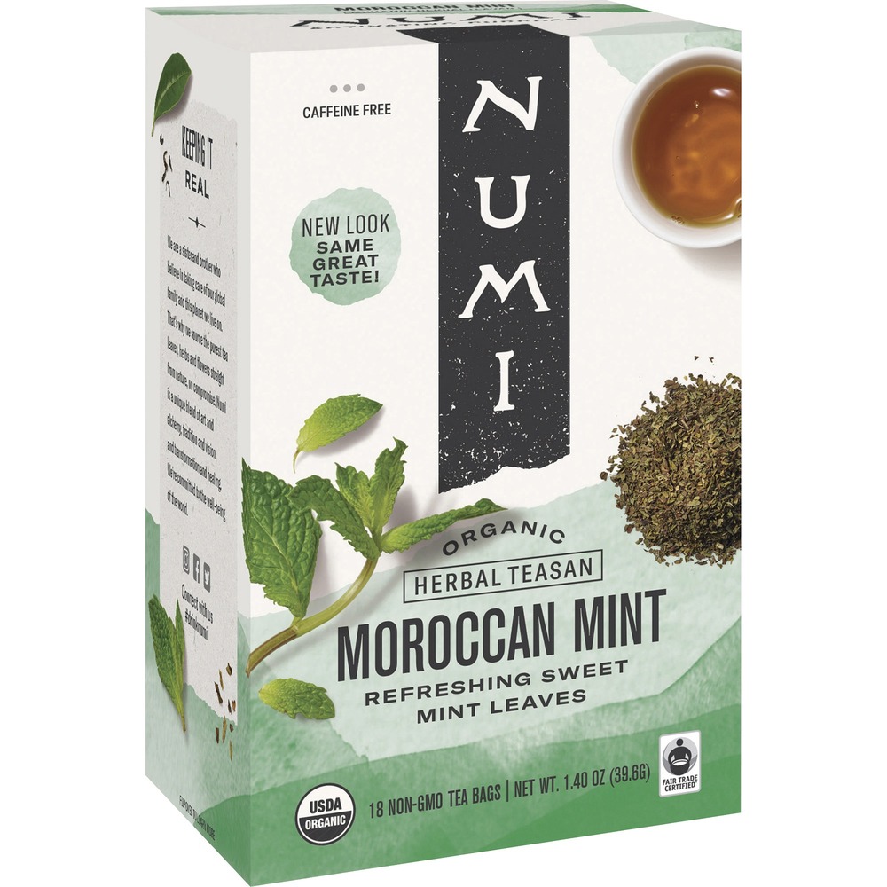 NUM10104 - Mint herbal tea offers a flavor between spearmint and peppermint for a refreshing and soothing all-day or after-dinner delight. This organic Moroccan Mint is caffeine-free and contains 100 percent real ingredients with no oils or flavorings. Tea bags are individually wrapped.