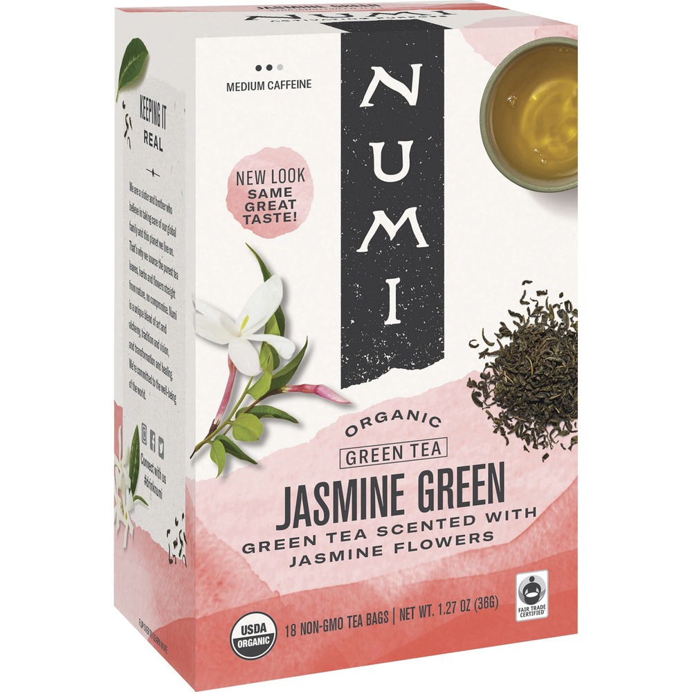 NUM10108 - Green tea offers a light, fragrant taste with sweet floral notes and is naturally scented with jasmine flowers three times. Organic jasmine green tea is caffeine-free and contains 100 percent real ingredients with no oils or flavorings. Tea bags are individually wrapped.