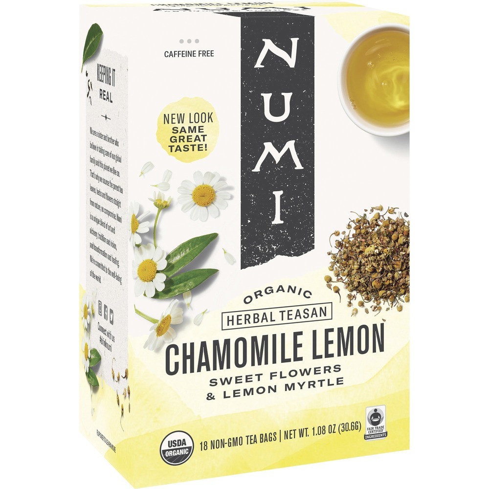 NUM10150 - Herbal tea offers a mellow, sweet chamomile taste with soothing hints of citrus. Tea combines Egyptian chamomile flowers and bright, tangy lemon myrtle, an indigenous herb from the rainforests of Australia. Organic Chamomile Lemon tea is caffeine-free and contains 100 percent real ingredients with no oils or flavorings. Tea bags are individually wrapped.