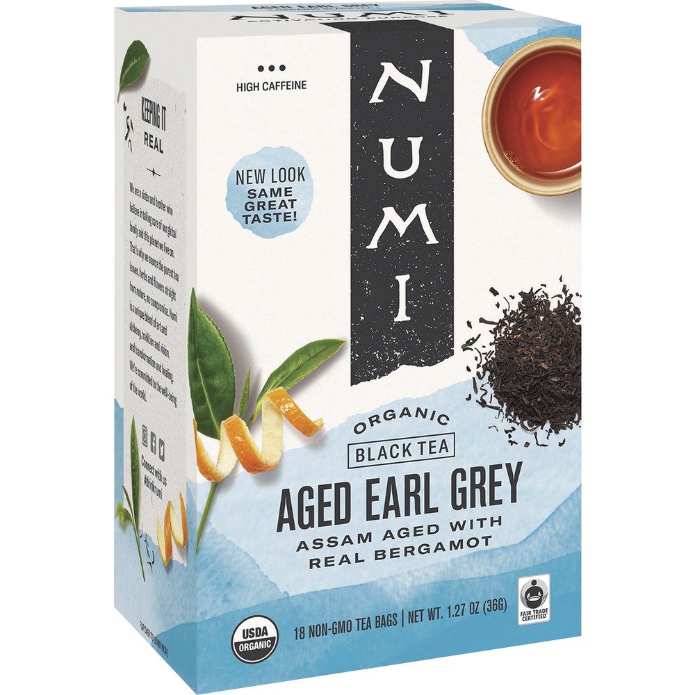 NUM10170 - Aged Earl Grey offers a smooth finish with robust, fruity notes. Oil-free tea is made using a unique method of aging Italian bergamot orange with malty Sonitpur Assam black tea. When brewed, it imparts a red-orange hue. The rind is sifted out. Organic Aged Earl Grey contains 100 percent real ingredients with no oils or flavorings. Tea bags are individually wrapped.
