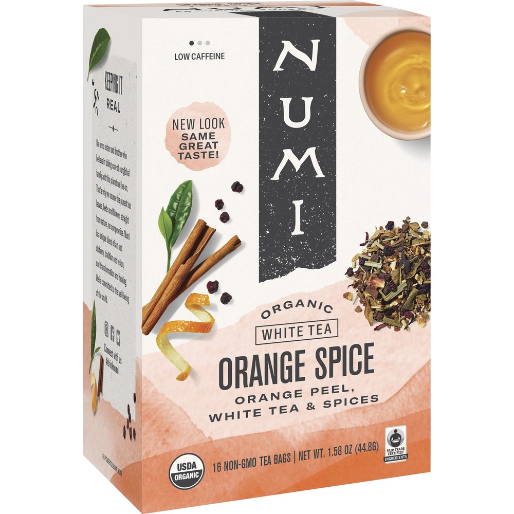 NUM10240 - White tea balances citrus notes of orange, schizandra berries and Dry Desert Lime. It is the least oxidized and processed of all teas. This blend of all-natural, organic ingredients includes premium Organic White Pai Mu Tan tea, orange peel, citrus and spice for an authentic cup without oils or flavorings. Orange spice tea is caffeine-free and contains 100 percent real ingredients. Tea bags are individually wrapped.