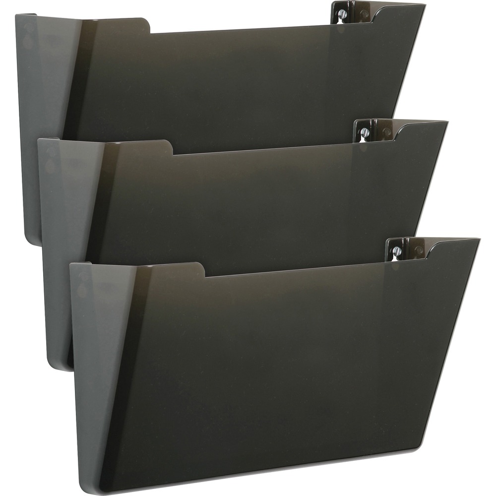 NSN5827277 - Set of wall file holders keeps frequently used files easily accessible. Mount file to walls, partitions, doors or cabinets. Additional units can be stacked vertically for a multipocket system. Modern design provides maximum visibility and easy retrieval for files and documents. Each file is made of high-impact polystyrene so they are virtually unbreakable. Wall file set includes wall anchors and double-sided tape for choice of installation. Wall files are made using 100 percent recycled plastic with a minimum of 25 percent post-consumer material.