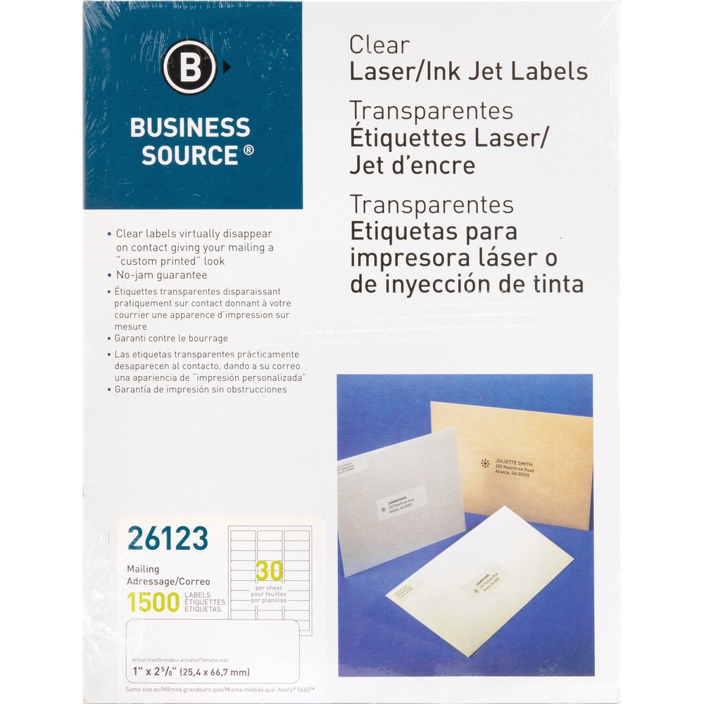 BSN26123 - Clear mailing labels with a matte finish virtually disappear on paper for a professional, customized look. Each mailing label is backed with permanent adhesive for secure labeling. Sheets of labels are compatible with laser printers only. Each sheet includes 30 labels.