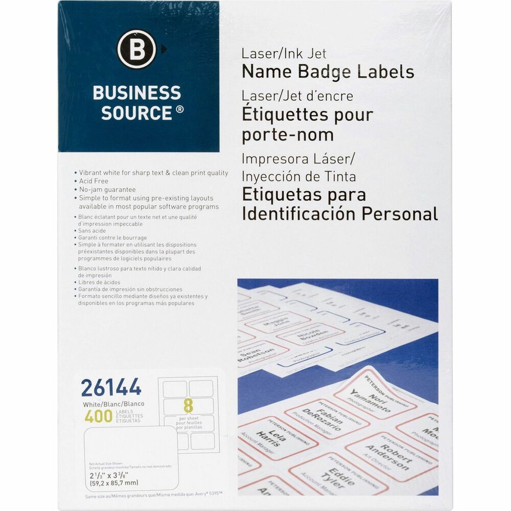 BSN26144 - Create professional-looking name badges for any event using your own desktop laser or inkjet printer. Name badge labels are easily formatted with preset layouts available in most popular word processing programs. Print the self-adhesive labels using a laser or inkjet printer. Labels won't jam. Then simply peel and stick. Labels are safe for most fabrics, but are not recommended for corduroy, leather, silk, suede, velvet or vinyl.