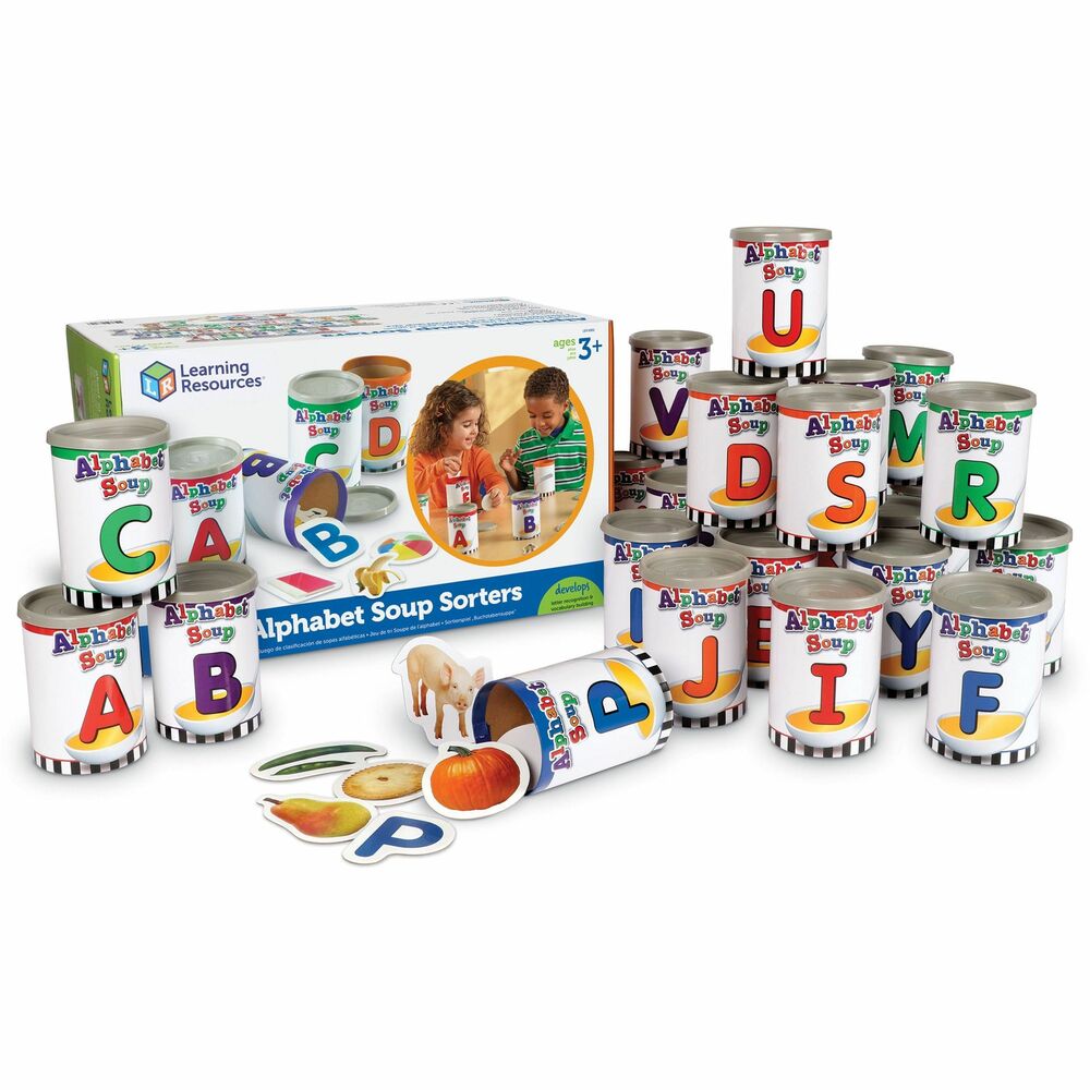 LRNLER6801 - Alphabet soup sorters help children build their vocabulary while targeting language, memory and recall skills. Each can holds an uppercase and lowercase letter card, and five object cards featuring real-life photos on one side and words on the reverse side. Sorters let students engage in spelling and word recognition with the object and letter cards to promote early literacy. Sorters are designed for children ages 3 and up.