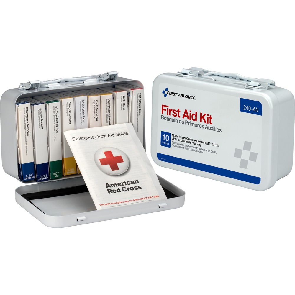 FAO240AN - The 10-unit ANSI compliant first aid kit holds all 10 ANSI required items in a sturdy metal case with gasket to protect contents from water and dirt. This first aid kit meets ANSI/ISEA Z308.1-2009 requirements. First aid supplies include antibiotic ointment, BZK antiseptic towelettes, first aid cream, plastic adhesives, triangular sling, first aid tape, gauze pads, trauma pad, exam-quality gloves and first aid guide.