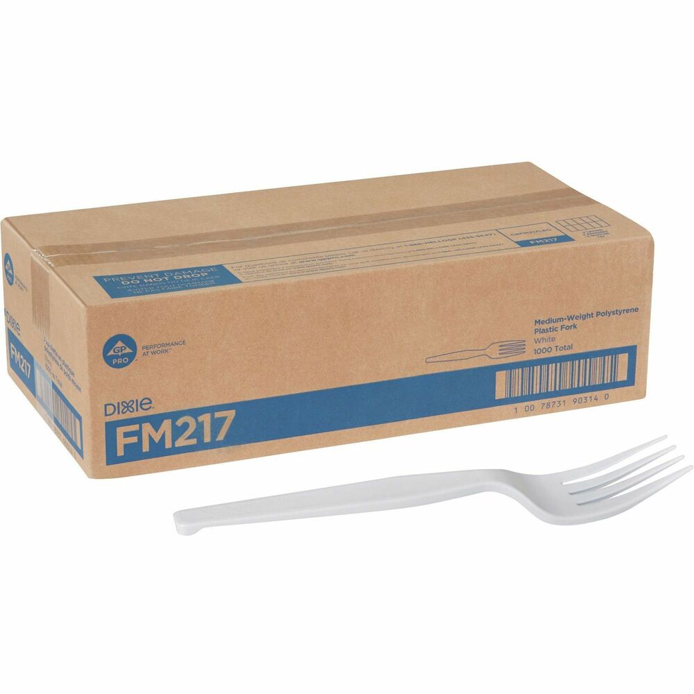 DXEFM217 - Polystyrene forks are perfect for hot or cold lighter foods and side dishes in office parties, luncheons and breakrooms. Strong, shatter-resistant, durable utensils in bright white are medium-weight for flexibility. Efficient Dixie dense-pack, space-saver packaging conserves valuable storage space. More from the Manufacturer