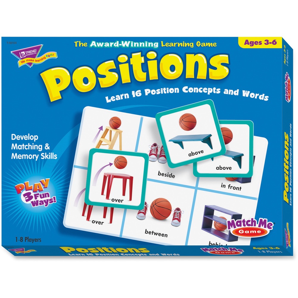 TEPT58104 - Build skills with game-like practice and play. Game board cards and activity ideas easily adapt to growing skills for lasting matching and memory practice. Positions. Match pictures showing a variety of position words and concepts. Real-life photos bring learning to life! Vocabulary words encourage early reading and add interest for older learners. Match and master position words by pictures or by words through a variety of exciting game ideas. Sturdy storage box includes a divider to keep pieces organized. Ages 3 to 6. Includes 8 two-sided game board cards, 8-3/4" x 7-3/4" each, 48 game cards, 2-1/2" each, and one instruction card.