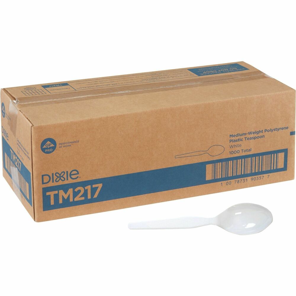 DXETM217 - Polystyrene teaspoons are perfect for hot or cold lighter foods and side dishes in office parties, luncheons and breakrooms. Strong, shatter-resistant, durable utensils in crisp white are medium-weight for flexibility. Efficient Dixie dense-pack, space-saver packaging conserves valuable storage space.