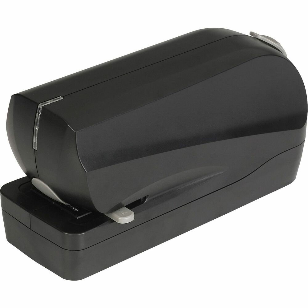 BSN62877 - Electric Flat Clinch Stapler uses standard-size staples to fasten up to 20 sheets of 20 lb. paper. Patented jam-free design features overheat protection and low-staple indicator. Simple button releases the staple magazine. Stapler runs on 110 Volts or six AA batteries (sold separately). Power cord is about 6' or 1.8 meter.